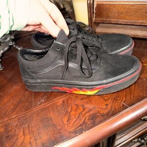 Vans Black Sneakers with Red and Yellow Flame
